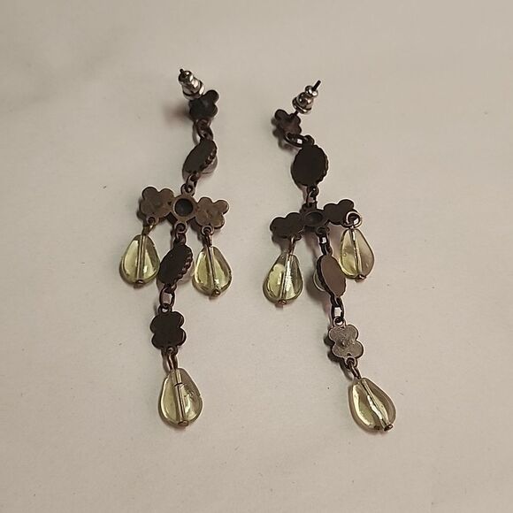 Gorgeous Chandelier Earrings Bronze Green Rhinestone Flower Dangle Drop Womens - Picture 3 of 4